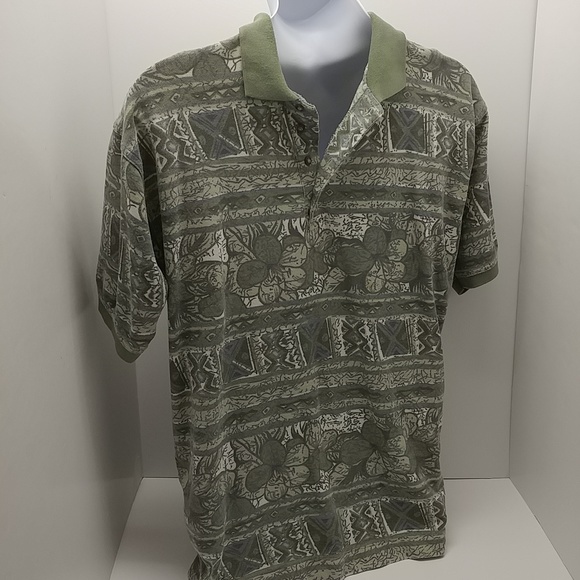 Bugle Boy Co. men's vintage short sleeve polo shirt large greens/cream floral - Picture 2 of 12